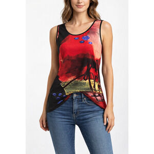 Frank Lyman Shell Tank Top Size 8 Sleeveless Red Base Layer Abstract Work Artsy